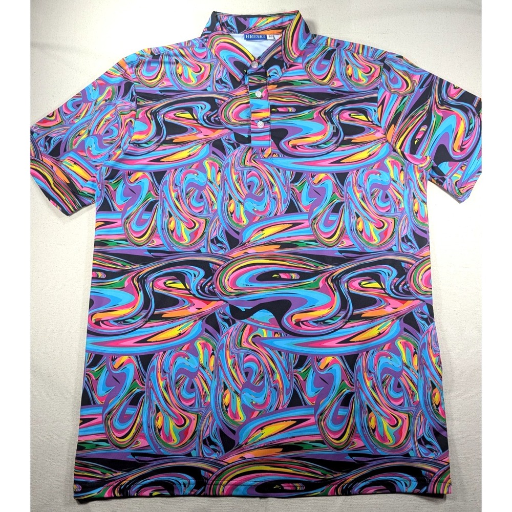 Hreski Golf Polo Shirt Mens M Psychedelic Rainbow Swirl Performance Stretch